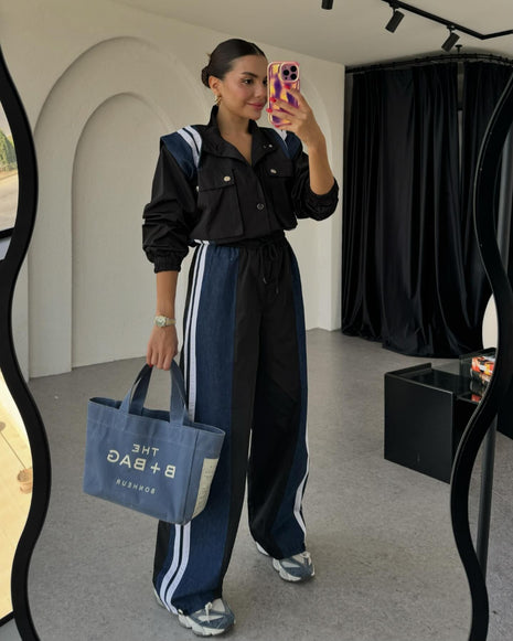 Niche Design Denim Patchwork Stripes Overall Suit Set