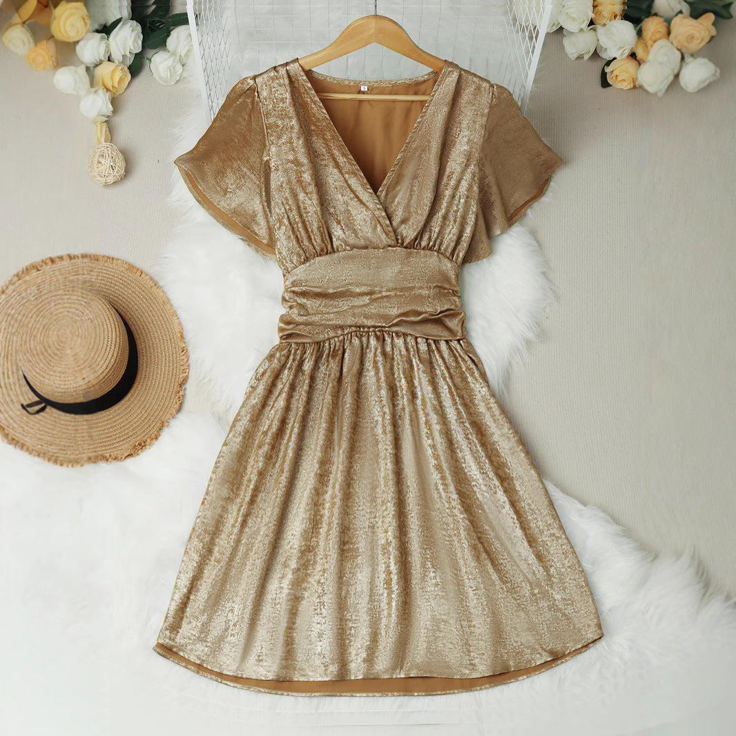 Deep V-neck Ruffle Smocking Dress