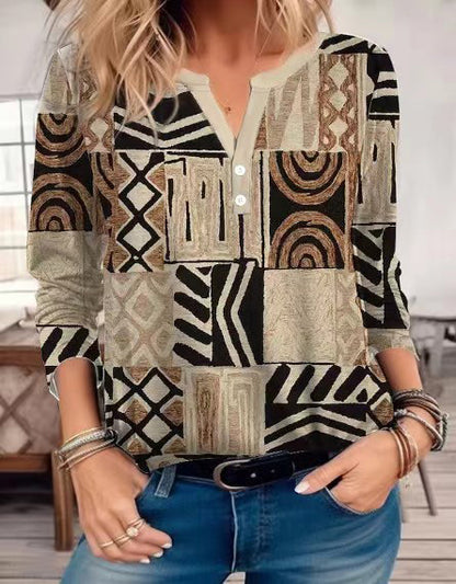 V-neck Shirt Geometric Pattern Casual Long Sleeve Shirt