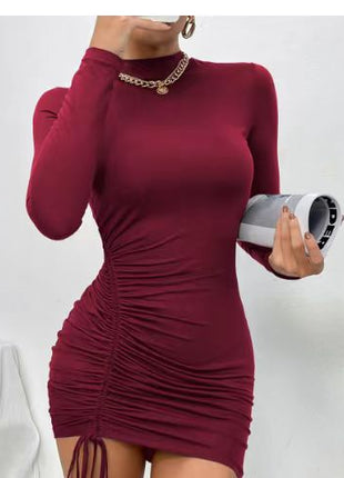 Turtleneck Long Sleeve Pleated Tie Dress
