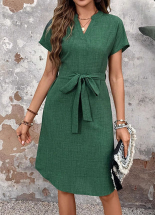 Mid-length V-neck Short Sleeve Bow Belt Dress