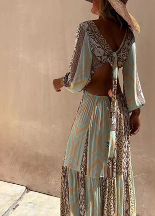 Midriff V-neck Lace Long Sleeve Dress