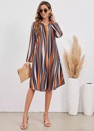 Elegant Striped Style Long Sleeve V-neck Dress