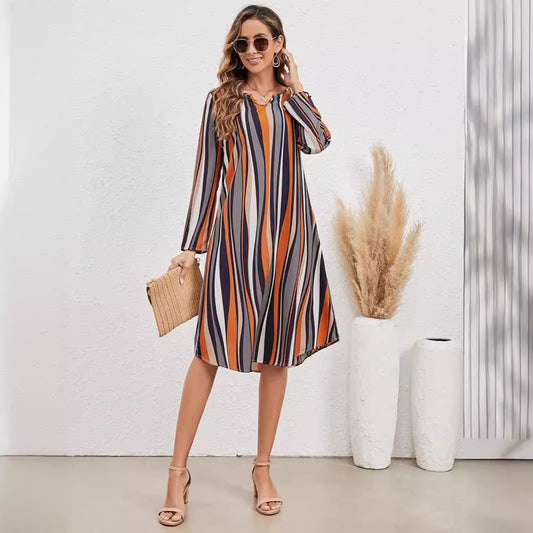 Striped Elegant Style Long Sleeve V-neck Dress