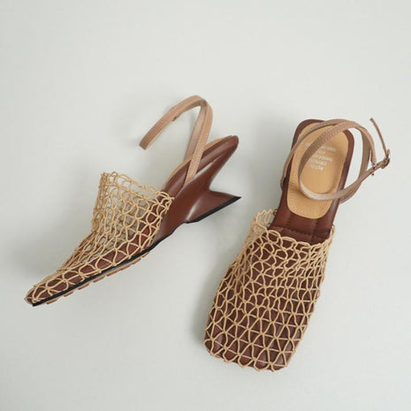 Vintage Weave Hollow-out Square Toe High Heels
