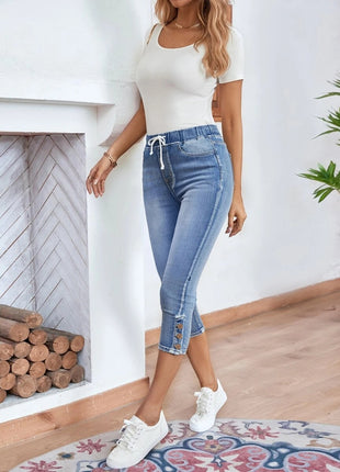 Elastic Waistband Lace-up Stretch Jeans