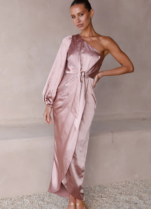 Oblique Shoulder Waist-controlled Lace-up Satin Lantern Sleeve Dress