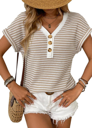 Summer V-neck Patchwork Button Pullover Short Sleeve Shirt