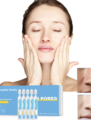 Product packaging for skin care with a woman touching her face and close-up images of skin texture.