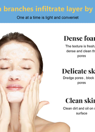Woman applying facial cleanser with text about product benefits on a white background