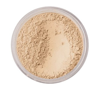 Beige powder in a clear container on a white background