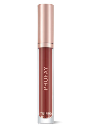 A tube of PHOFAY Hyaluronic Lip Gloss in a rose peach brown shade with a golden cap.
