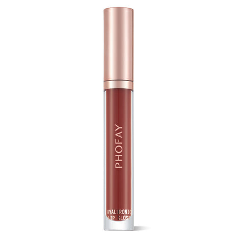 A tube of PHOFAY Hyaluronic Lip Gloss in a rose peach brown shade with a golden cap.