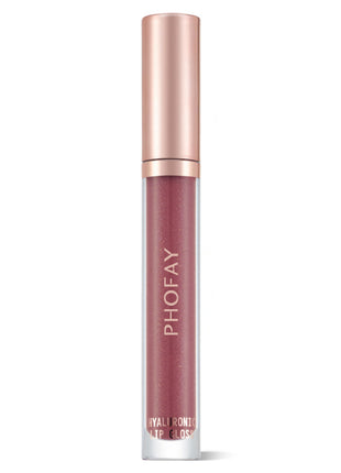A tube of PHOFAY Hyaluronic Lip Gloss in a rose peach brown shade with a golden cap.