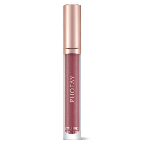A tube of PHOFAY Hyaluronic Lip Gloss in a rose peach brown shade with a golden cap.