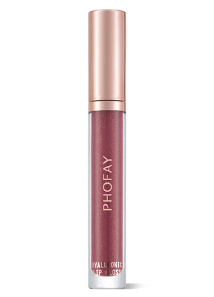 A tube of PHOFAY Hyaluronic Lip Gloss in a rose peach brown shade with a golden cap.
