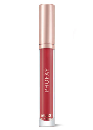 A tube of PHOFAY Hyaluronic Lip Gloss in a rose peach brown shade with a golden cap.