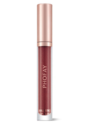 A tube of PHOFAY Hyaluronic Lip Gloss in a rose peach brown shade with a golden cap.