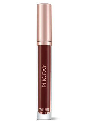A tube of PHOFAY Hyaluronic Lip Gloss in a rose peach brown shade with a golden cap.