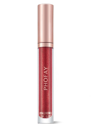 A tube of PHOFAY Hyaluronic Lip Gloss in a rose peach brown shade with a golden cap.