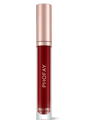 A tube of PHOFAY Hyaluronic Lip Gloss in a rose peach brown shade with a golden cap.