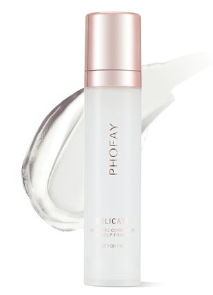A pump bottle of PHOFAY Hydrating Makeup Primer with a white and rose gold color scheme.