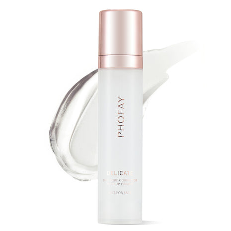 A pump bottle of PHOFAY Hydrating Makeup Primer with a white and rose gold color scheme.