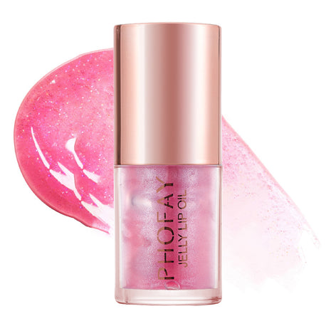 A bottle of PHOFAY Jelly Lip Oil with a clear liquid visible through the bottle and a rose gold cap.