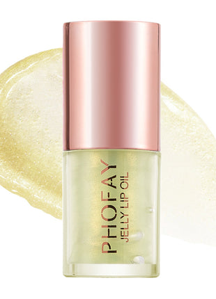 A bottle of PHOFAY Jelly Lip Oil with a clear liquid visible through the bottle and a rose gold cap.