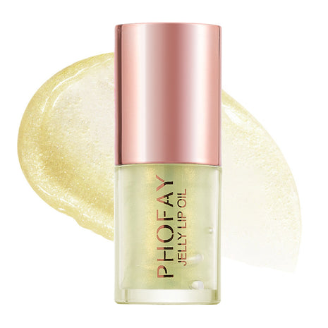 A bottle of PHOFAY Jelly Lip Oil with a clear liquid visible through the bottle and a rose gold cap.