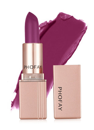 A PHOFAY matte lipstick in a rose pink shade, displayed next to its open packaging.