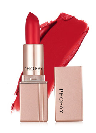 A PHOFAY matte lipstick in a rose pink shade, displayed next to its open packaging.