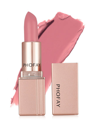 A PHOFAY matte lipstick in a rose pink shade, displayed next to its open packaging.