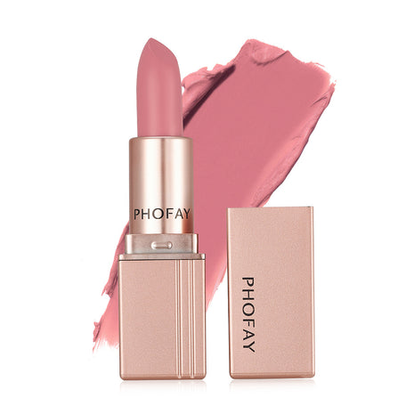A PHOFAY matte lipstick in a rose pink shade, displayed next to its open packaging.
