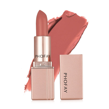 A PHOFAY matte lipstick in a rose pink shade, displayed next to its open packaging.