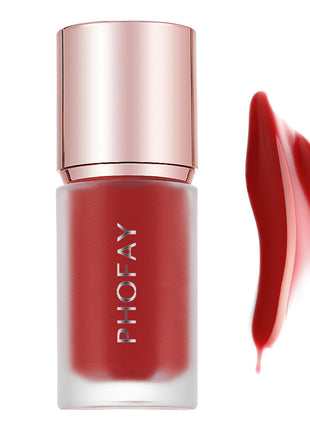 A bottle of PHOFAY Mousse Liquid Blush in pink color with a rose gold cap, alongside a swatch of the product showing its color and texture.