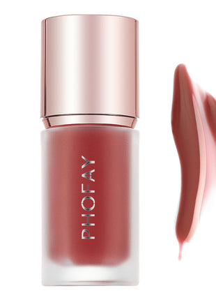 A bottle of PHOFAY Mousse Liquid Blush in pink color with a rose gold cap, alongside a swatch of the product showing its color and texture.