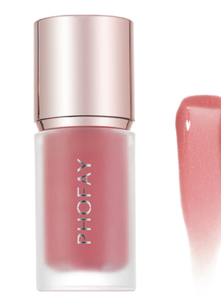 A bottle of PHOFAY Mousse Liquid Blush in pink color with a rose gold cap, alongside a swatch of the product showing its color and texture.