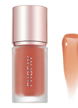 A bottle of PHOFAY Mousse Liquid Blush in pink color with a rose gold cap, alongside a swatch of the product showing its color and texture.