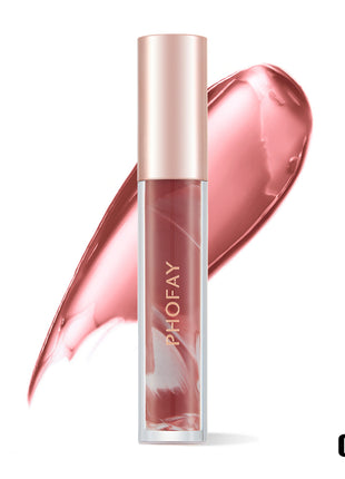 A tube of PHOFAY Rose Blooming Hydrating Lip Gloss in color '01#' with a pink shade, matching the product's swatch shown next to it.