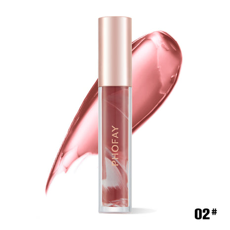 A tube of PHOFAY Rose Blooming Hydrating Lip Gloss in color '01#' with a pink shade, matching the product's swatch shown next to it.