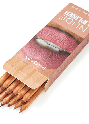 A set of 12 lip liner pencils from PHOFAY, displayed in a natural tone color, packaged in a box with a bamboo design.