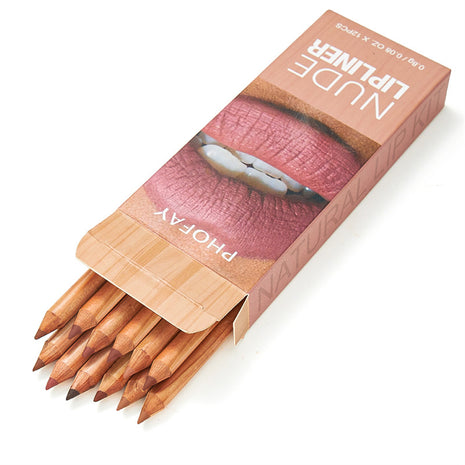 A set of 12 lip liner pencils from PHOFAY, displayed in a natural tone color, packaged in a box with a bamboo design.