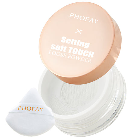A jar of PHOFAY Setting Soft Touch Loose Powder with a pink lid, alongside a white puff dispenser with the brand name PHOFAY printed on it.