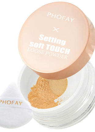 A jar of PHOFAY Setting Soft Touch Loose Powder with a pink lid, alongside a white puff dispenser with the brand name PHOFAY printed on it.