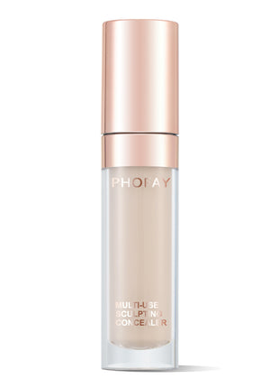 A bottle of PHOFAY Super Coverage Concealer with a rose gold cap and a clear body showing the light beige concealer inside.