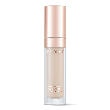 A bottle of PHOFAY Super Coverage Concealer with a rose gold cap and a clear body showing the light beige concealer inside.