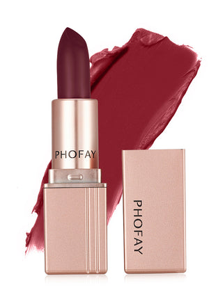 A PHOFAY matte lipstick in a rose pink shade, displayed next to its open packaging.