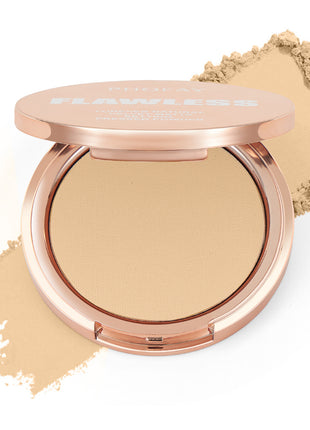 A compact pressed powder by PHOFAY with a matte finish, displayed alongside a small amount of loose powder. The compact has a rose gold-colored case.