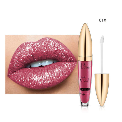 This image features the PUDAIER Lip Gloss Glitter Lipstick, highlighting its matte pearlescent finish. The product is showcased on a pair of lips, emphasizing the rich, vibrant color and the glossy, glittery texture that gives it a distinctive, shiny appearance.
